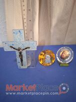 3 συλλεκτικά γυάλινα, Σταύρος, Παναγία, στο ένα μπαίνει κερί.